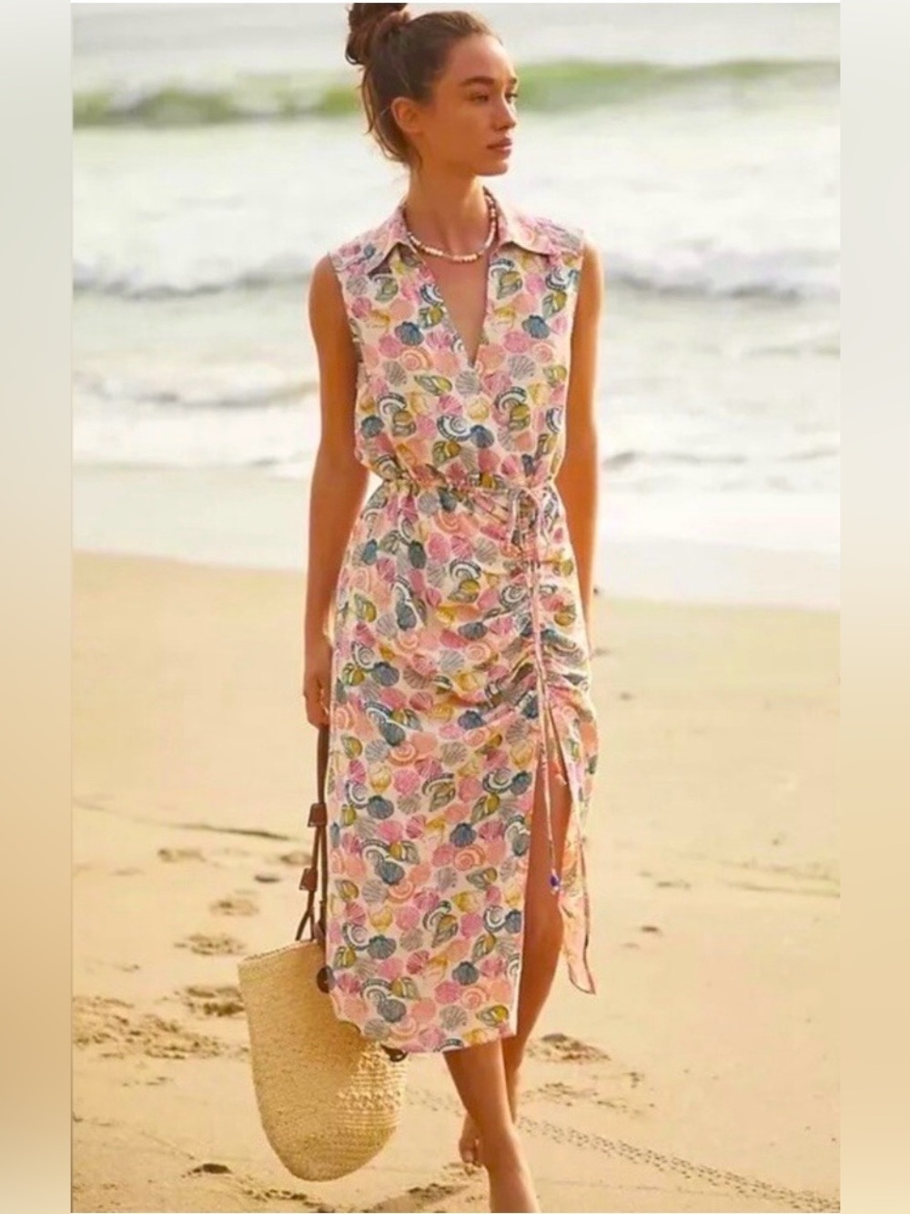 Anthropologie Seashell Linen Blend Midi wrap Dress 2X